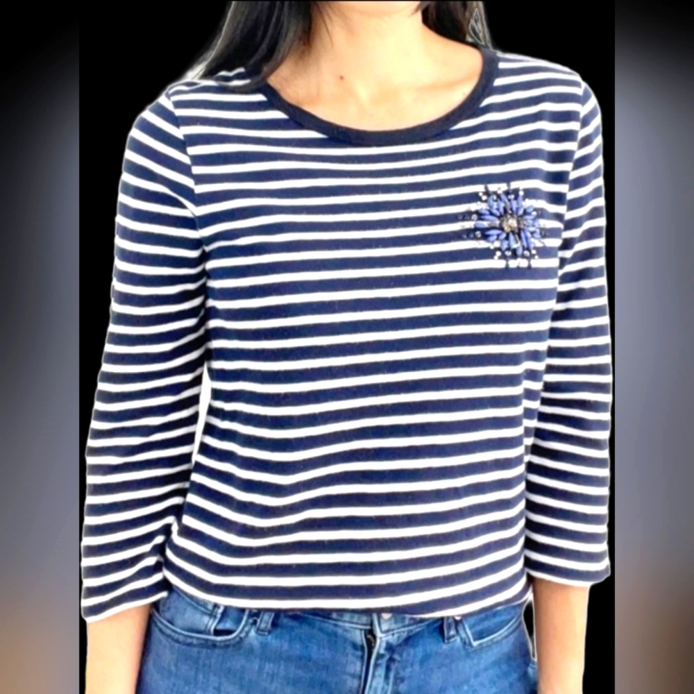 J.Crew Women's Stripes 3/4Sleeve T-Shirt 100%Cotton Embellished Navy&White Med